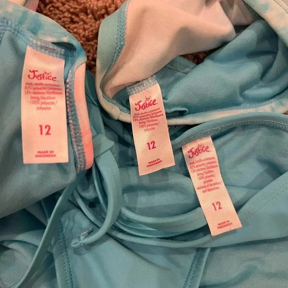 Justice girls large 12 swim set top bottom bikini tankini blue tie dye fringe